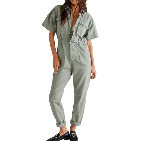 Free People WE•THE•FREE Marci Jumpsuit in Washed Army Sz. Small NWT MSRP $128 - Picture 1 of 6